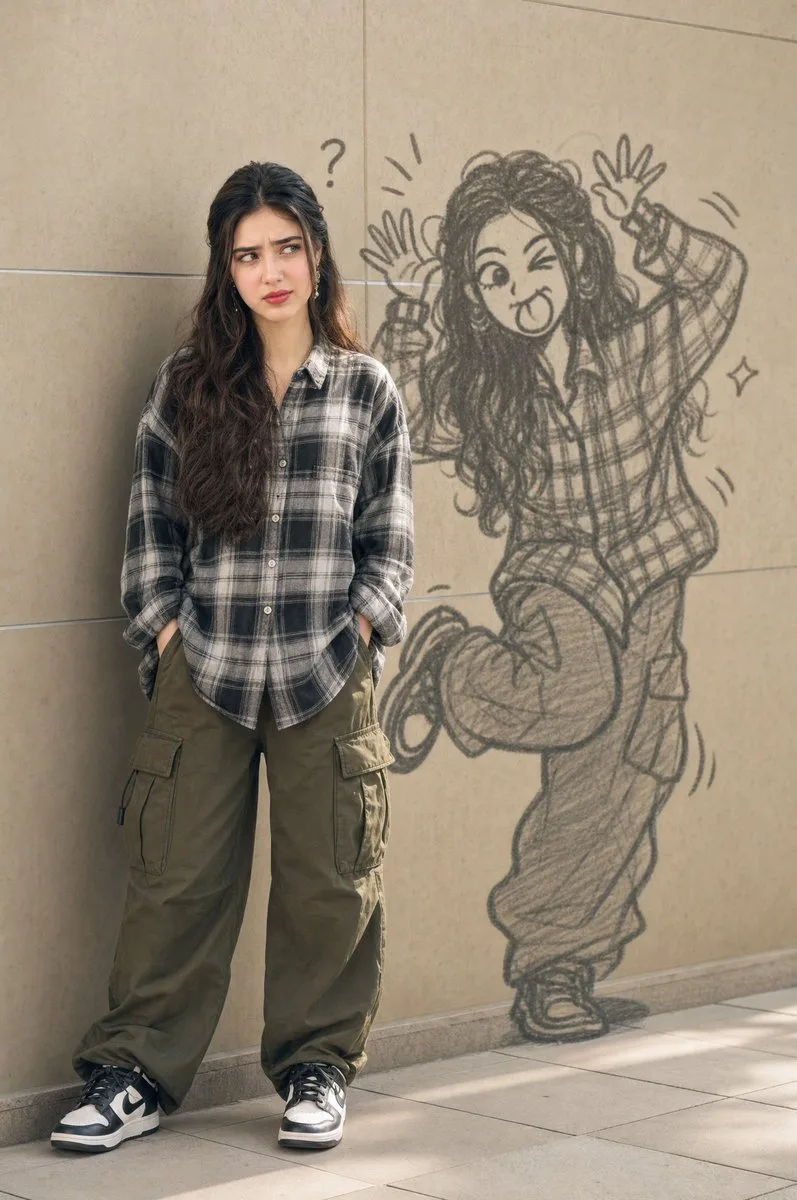 Woman beside a playful chalk drawing of herself on a wall