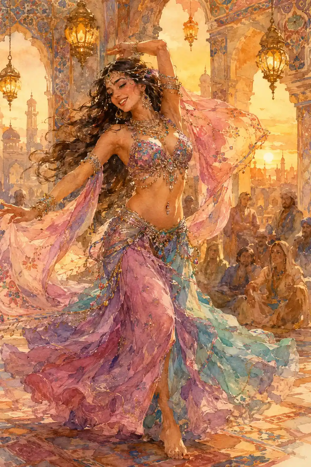 Colorful painting of a dancer beneath golden palace lanterns