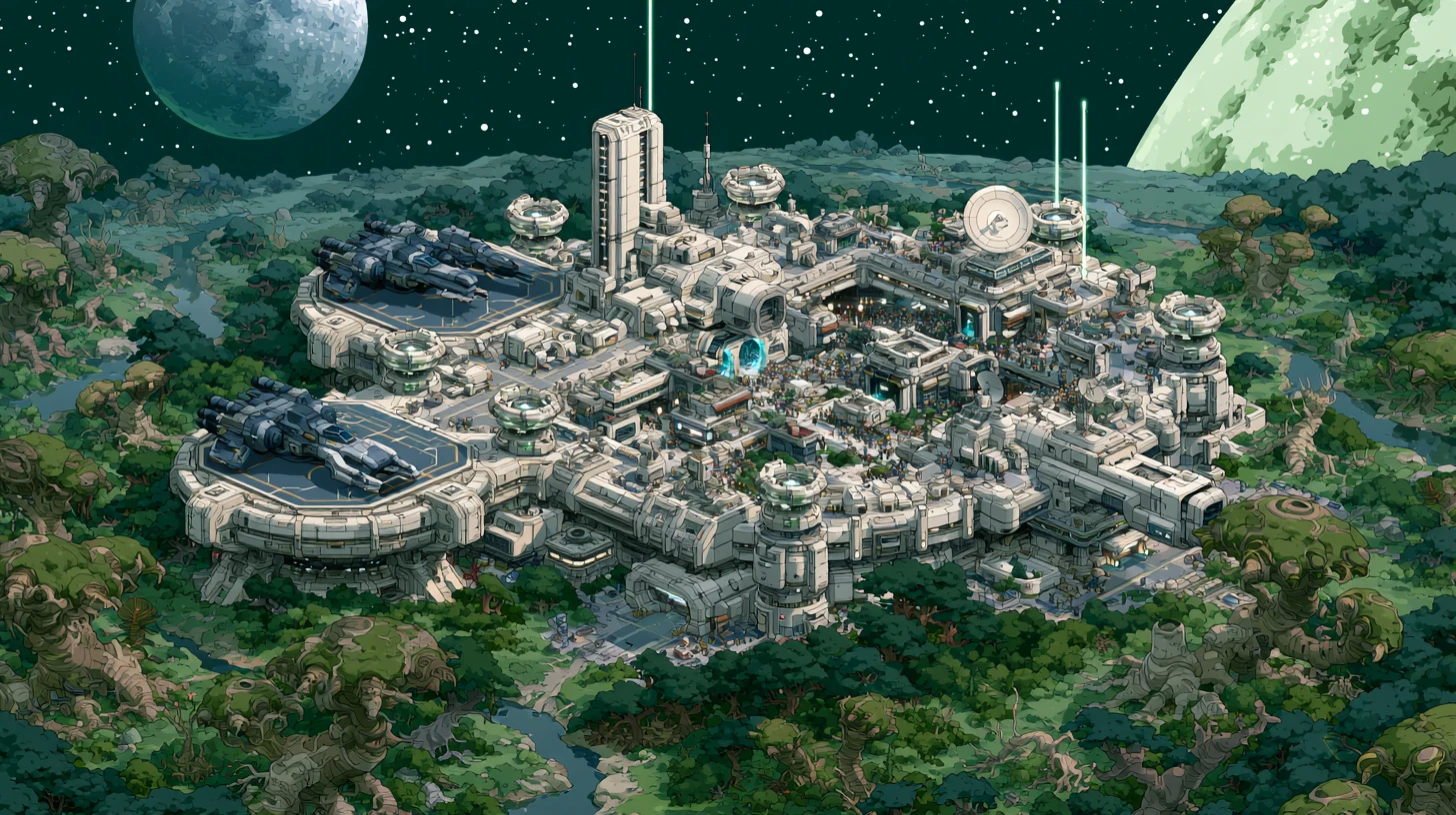 Illustrated space settlement surrounded by a forest beneath a starry sky and large planets