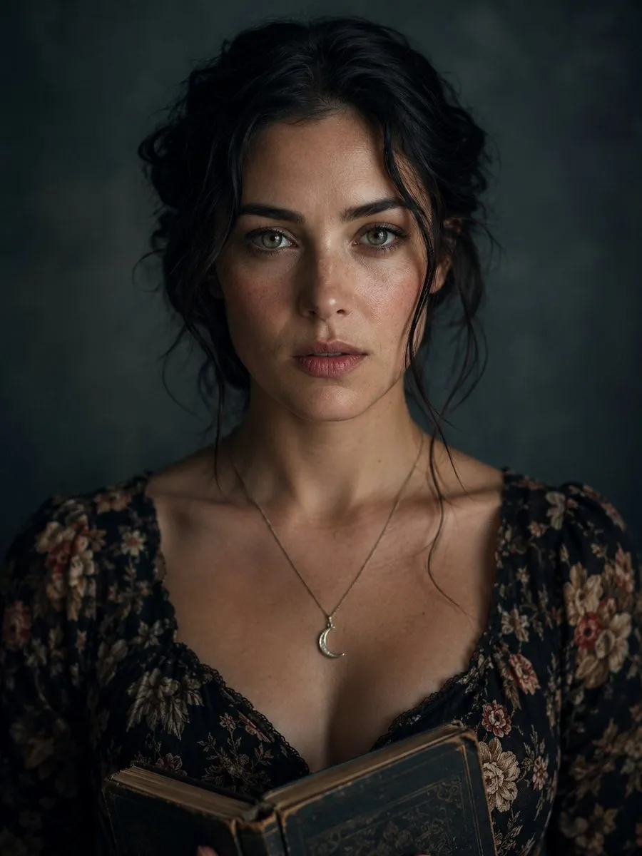 Moody portrait of a woman holding an old book