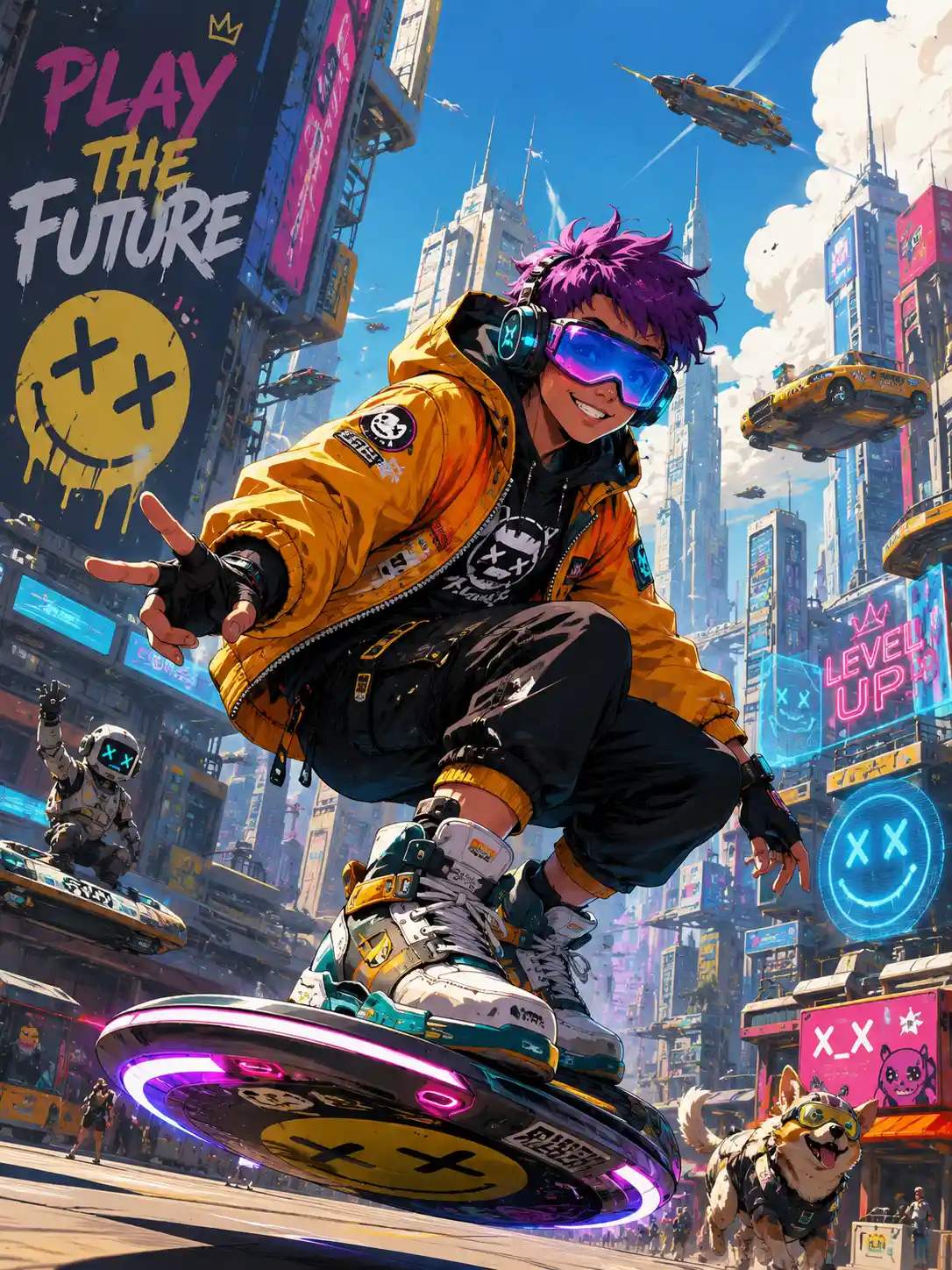 Anime hoverboard rider above a futuristic city
