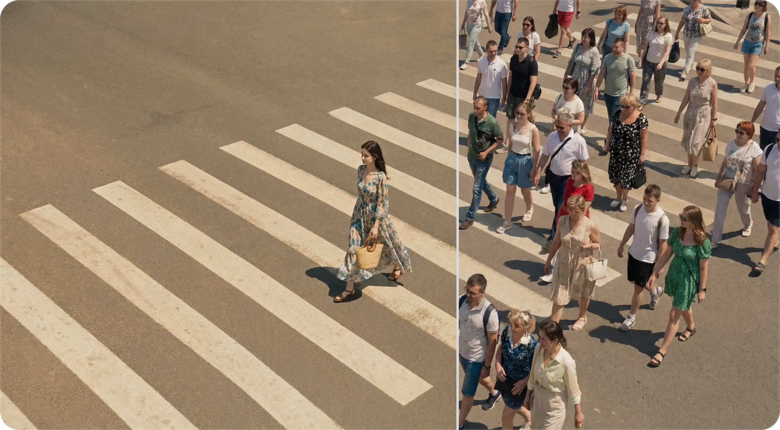 Side-by-side city crosswalk scenes with a lone pedestrian and a crowd