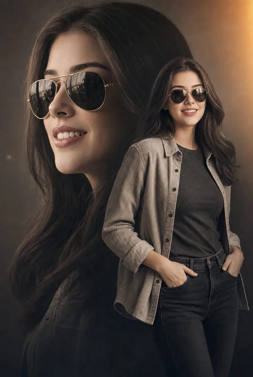 Layered portrait of a woman wearing sunglasses