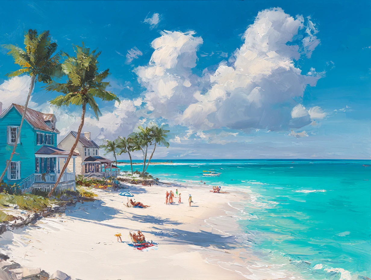 Painterly tropical beach with turquoise water, palm trees, and colorful seaside houses
