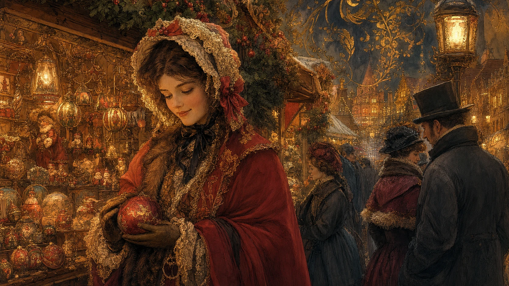 Vintage illustration of a woman browsing a warmly lit holiday market