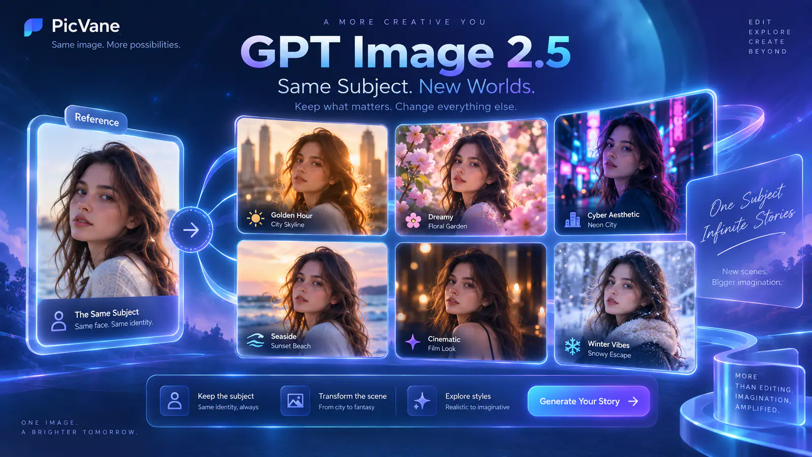 Illustrated GPT Image 2.5 same-subject scene variations for VidFomo