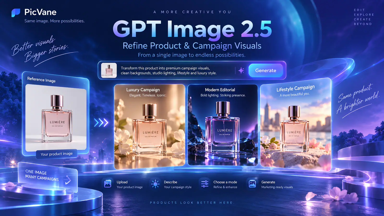 Illustrated GPT Image 2.5 product campaign variations for VidFomo
