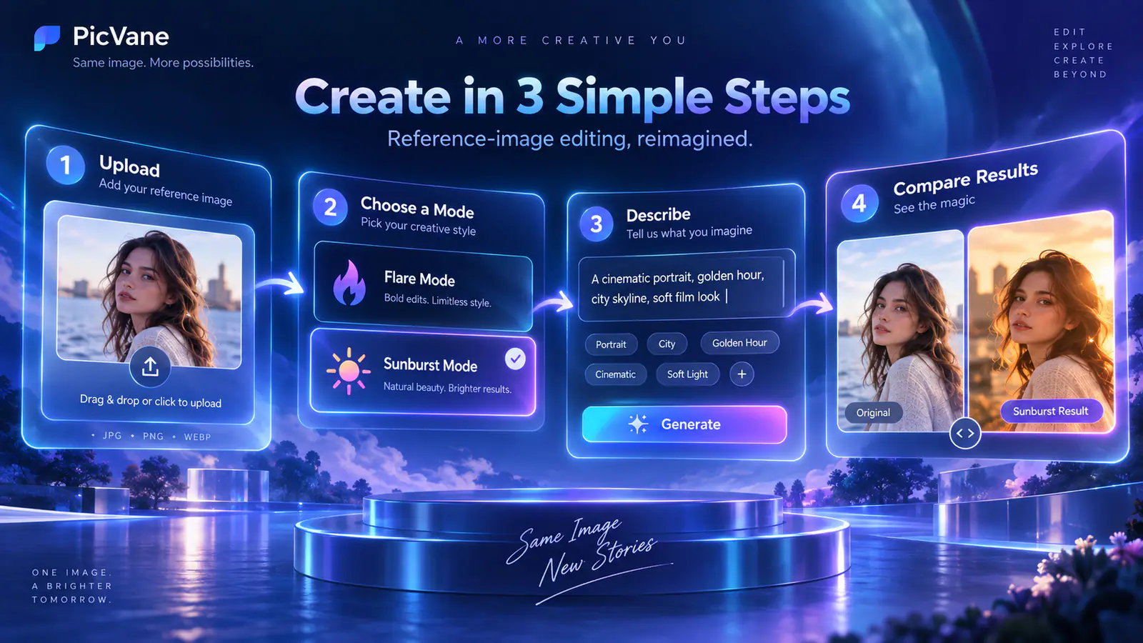Illustrated GPT Image 2.5 reference workflow in four steps for VidFomo