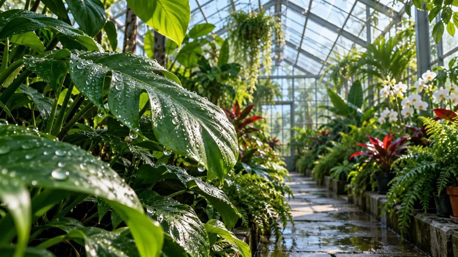 Illustrative scene: Rain droplets on greenhouse leaves above a central aisle.