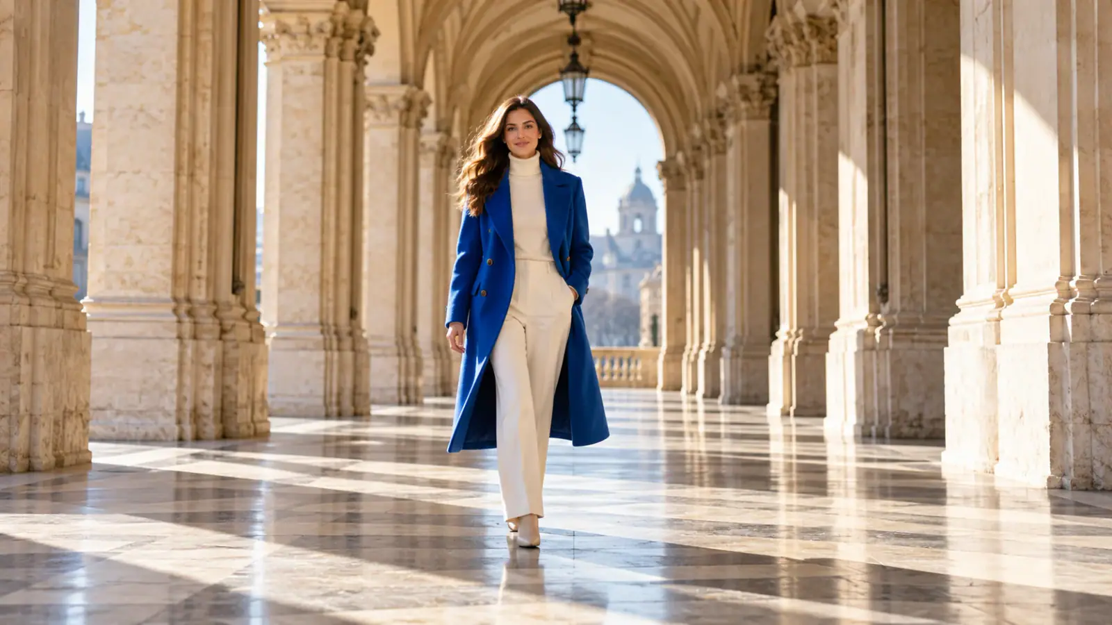 Illustrative scene: Woman in a cobalt coat walking through a sunlit arched passage.