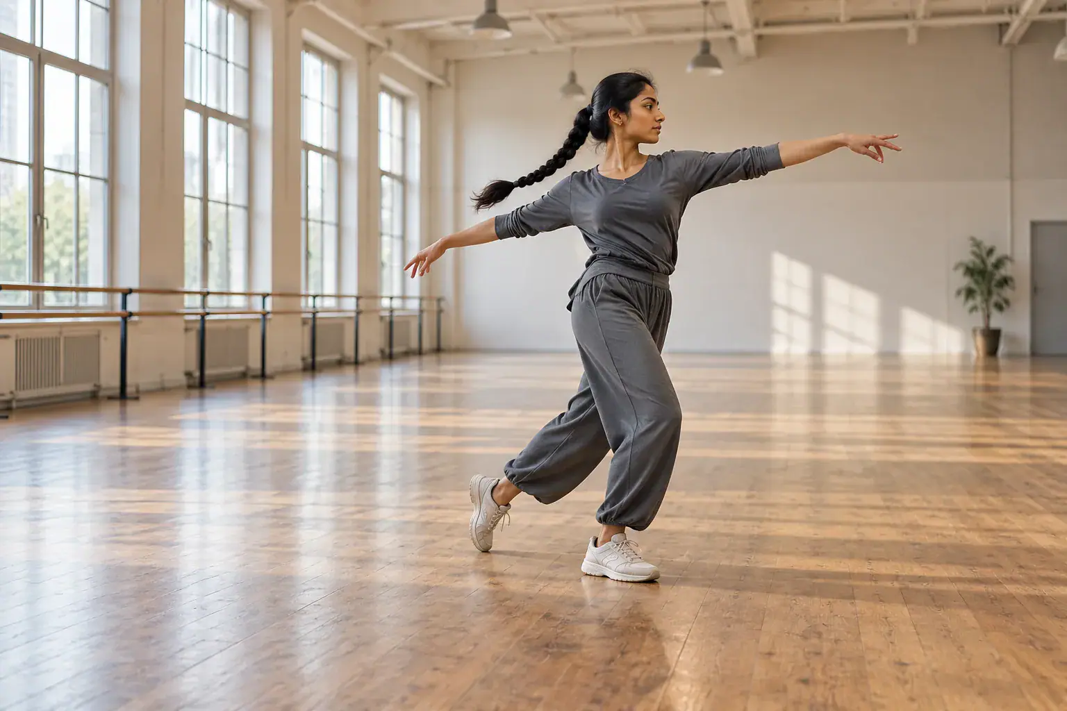 Dancer turning with space around the extended arms