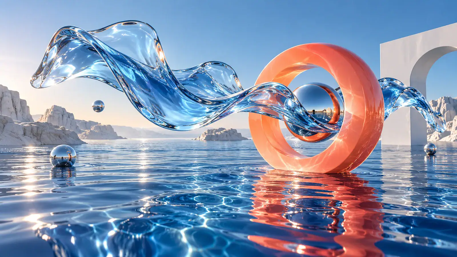 Illustrative scene: Ice-blue glass waves, a silver sphere and a coral ring over a cobalt sea.