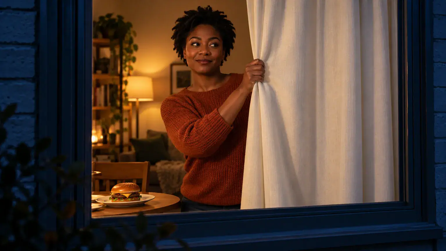 Concept illustration of an adult closing a curtain with a burger resting on the table