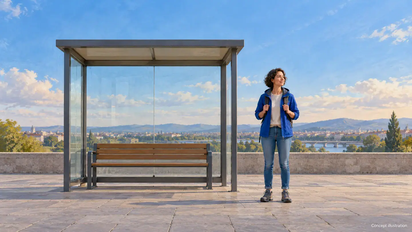 Concept illustration of a full body starting photo beside a bus shelter