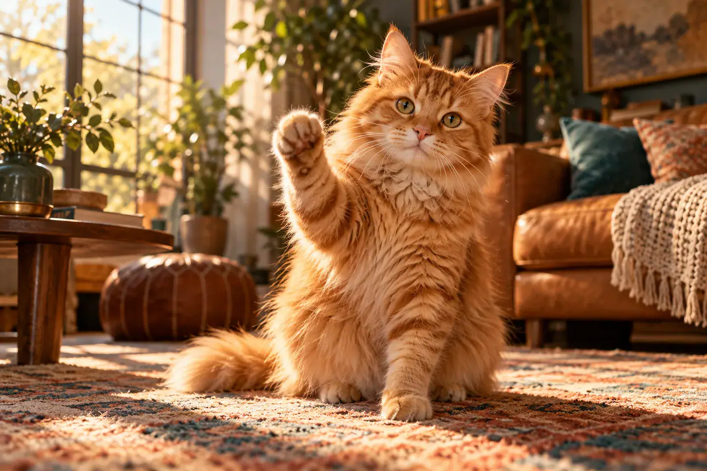 Orange cat lifting one natural paw, original pet concept illustration