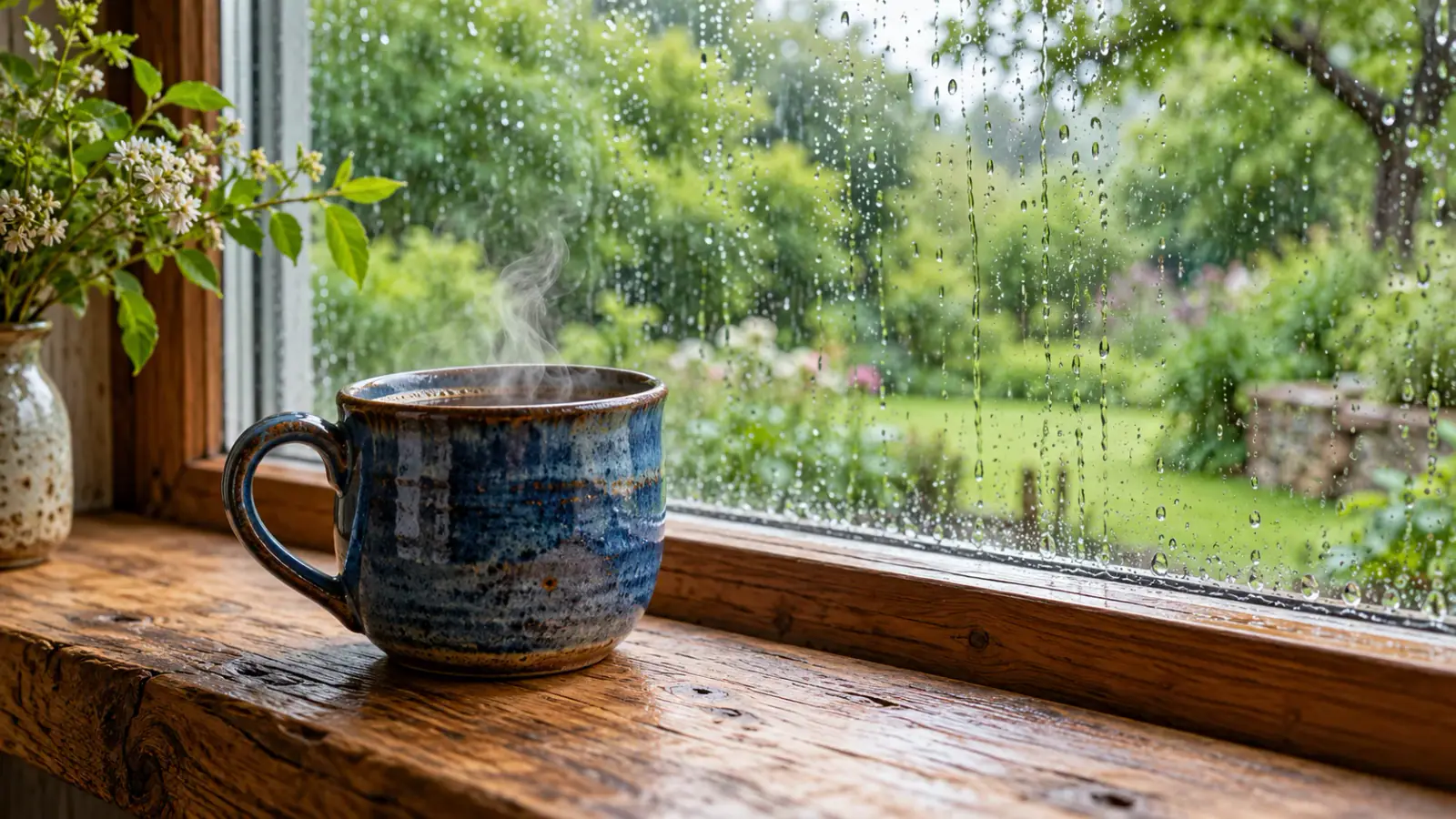 Illustrative scene: Steam above a blue ceramic cup beside a rain-covered window.