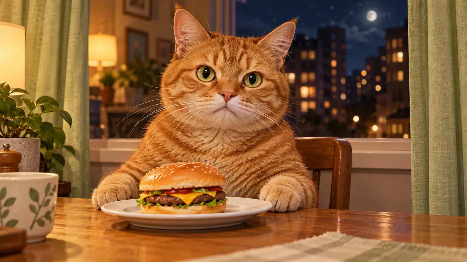 Concept illustration of a cat staring outward beside a burger at a window
