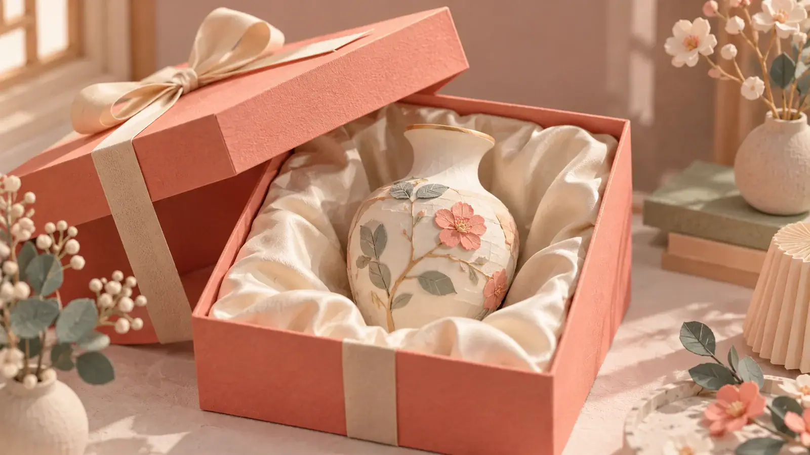 Illustrative scene: Open coral presentation box with cream silk lining and a ceramic vase in a paper-craft setting.