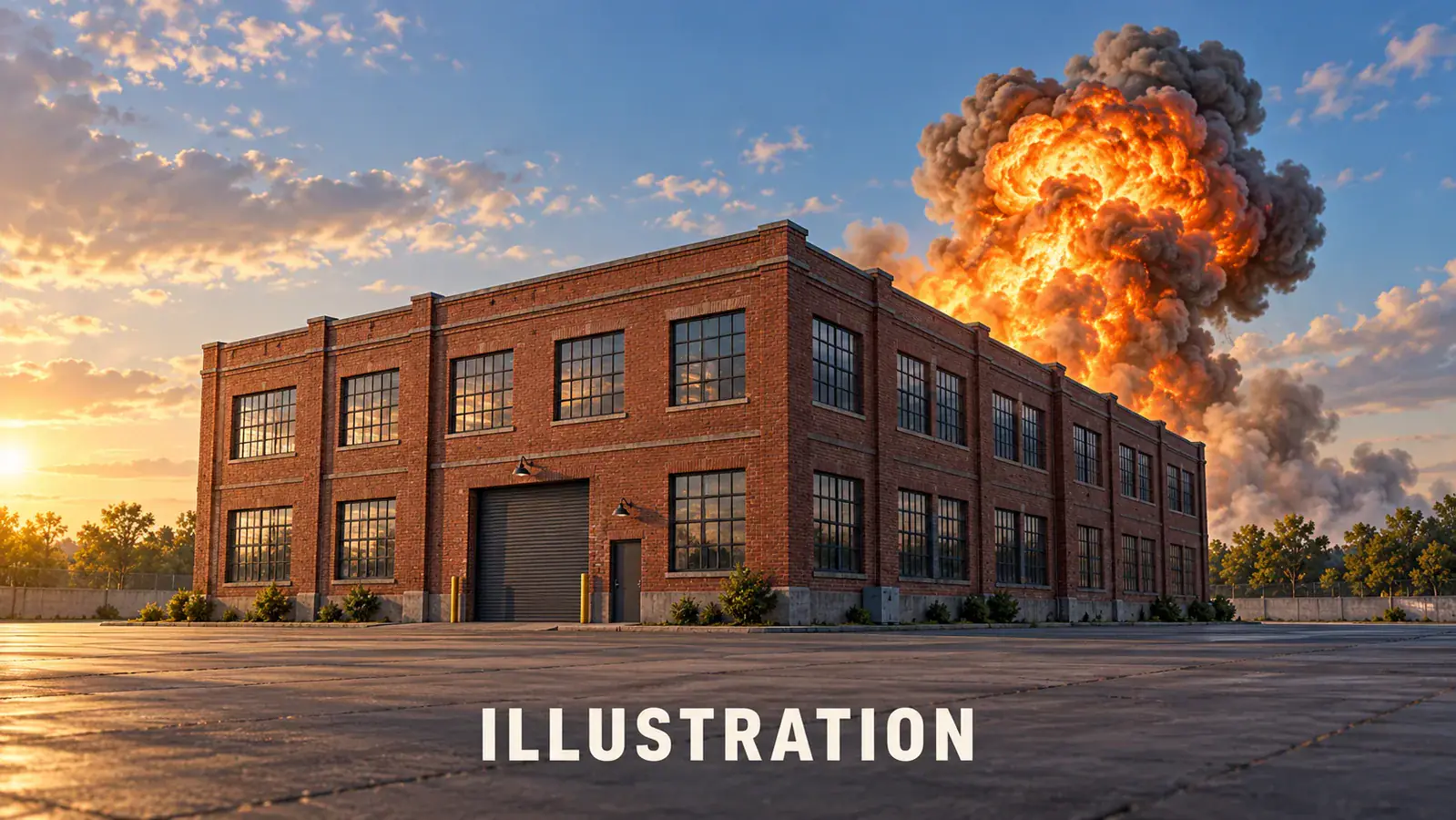 Illustration of a brick warehouse with a fictional blast showing building scale