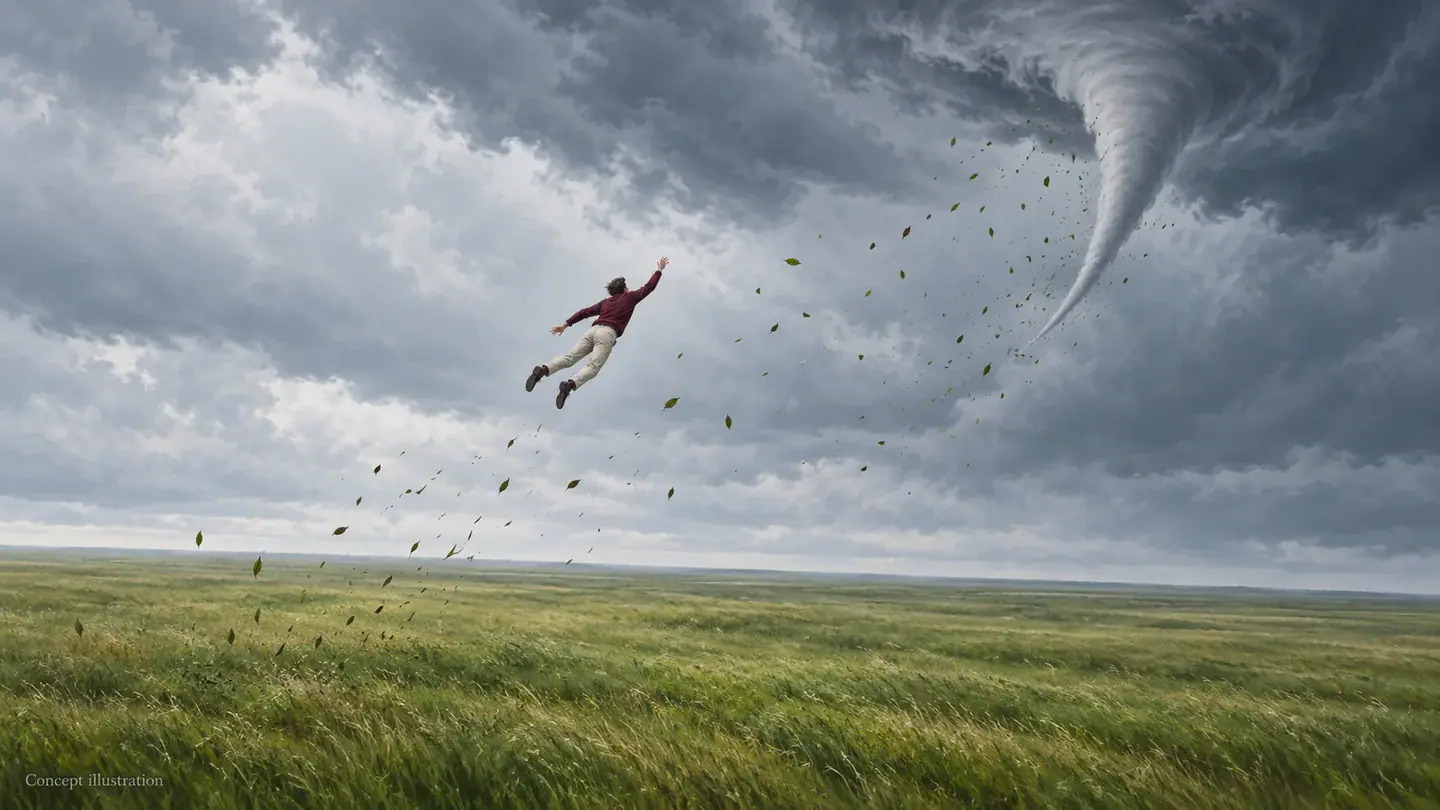 Concept illustration of an open upward path from a field toward a funnel cloud