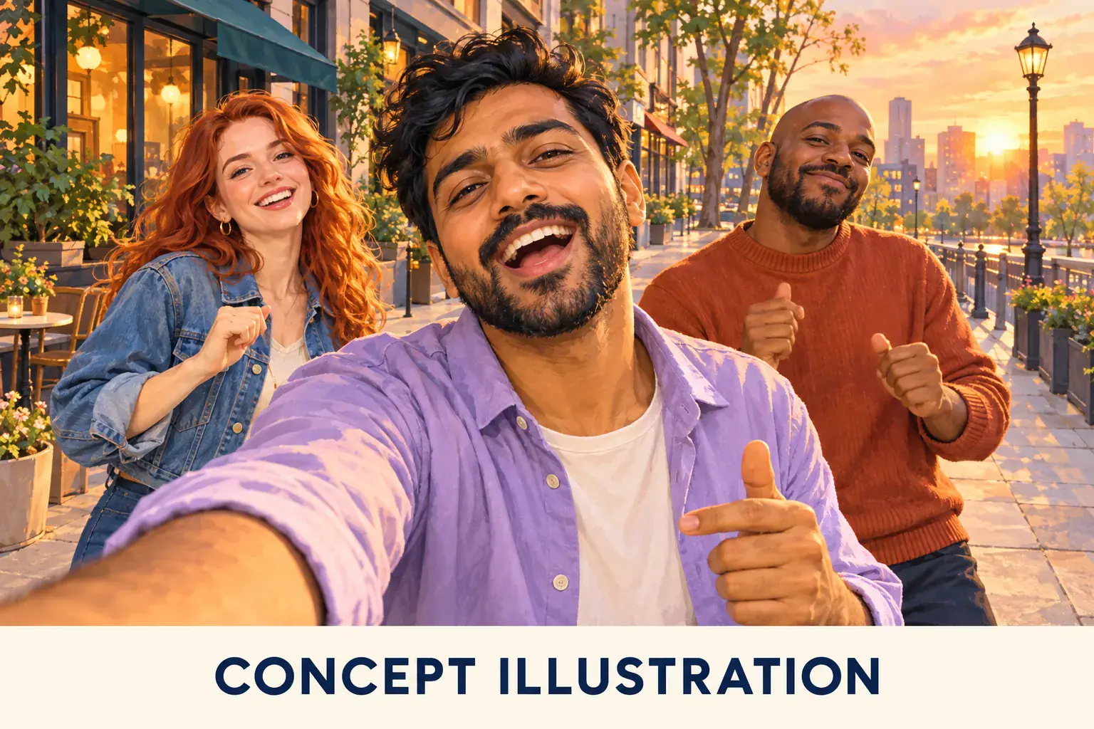 Concept illustration: adult friends sharing the spotlight on an urban street