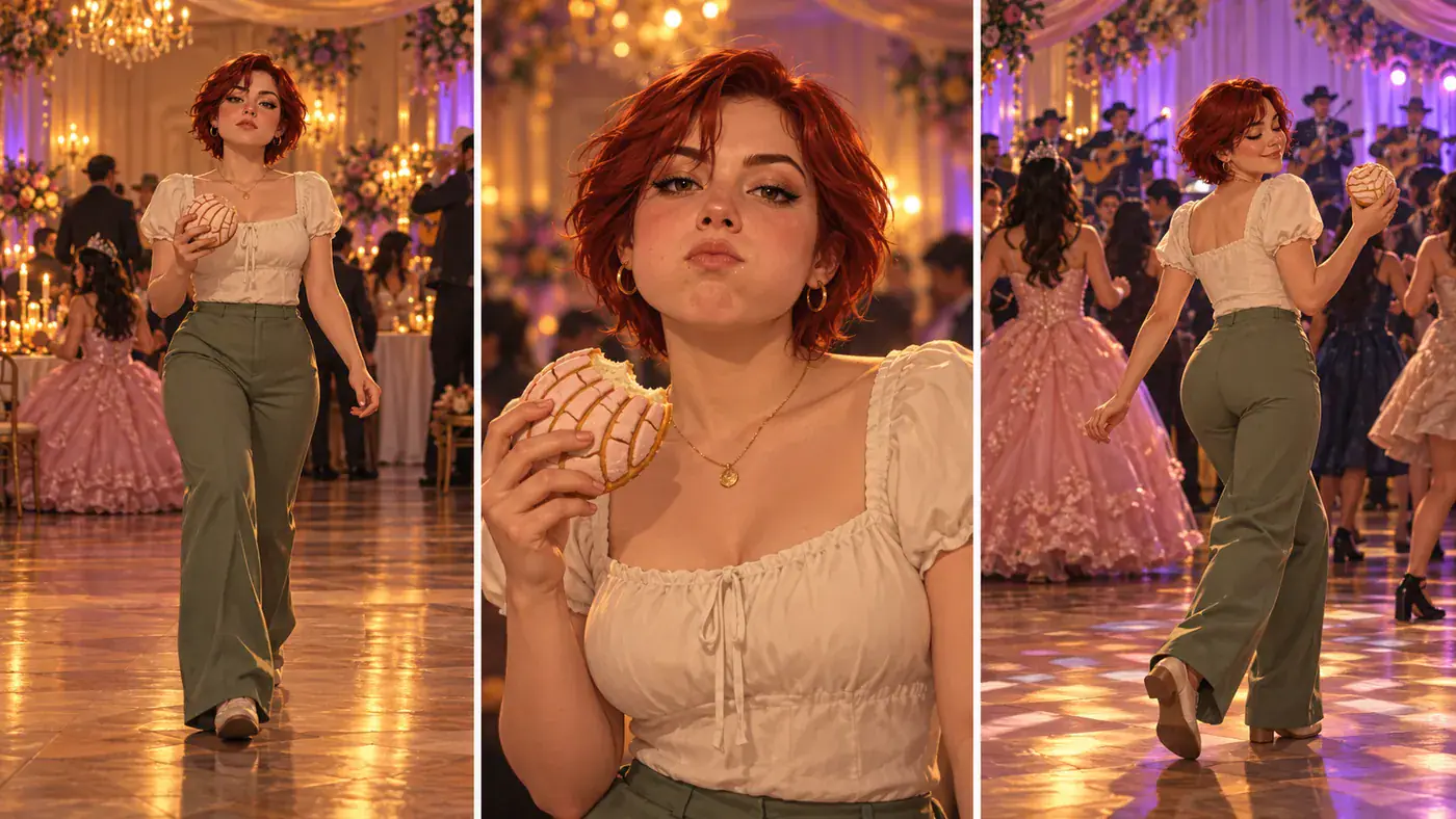 Concept storyboard of a woman approaching, biting a concha and turning back to dance.