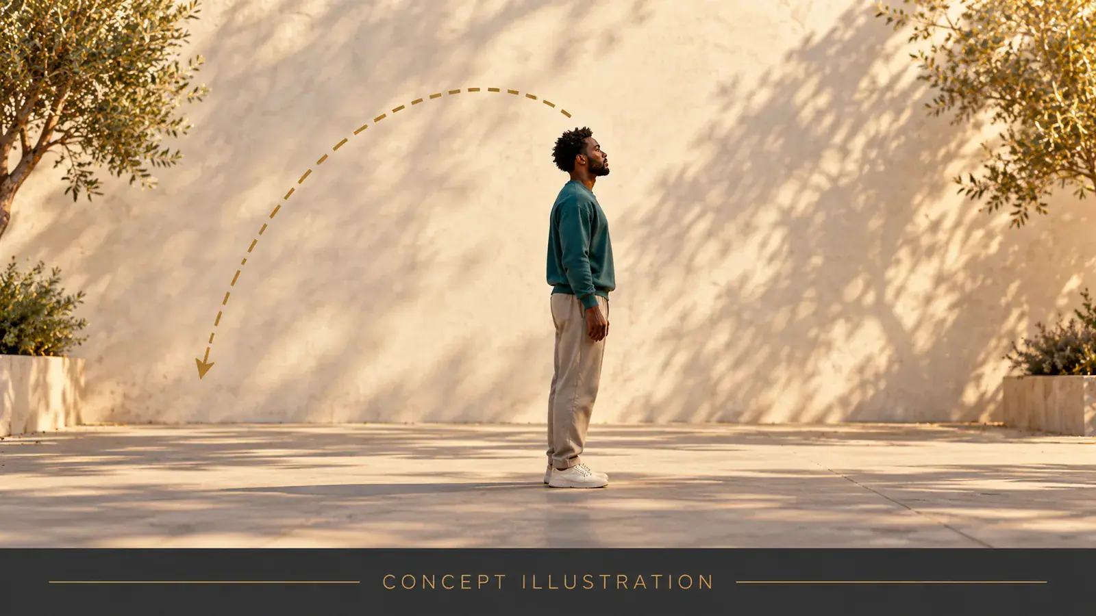 Concept illustration: side view with open space behind a standing person for a backward flip