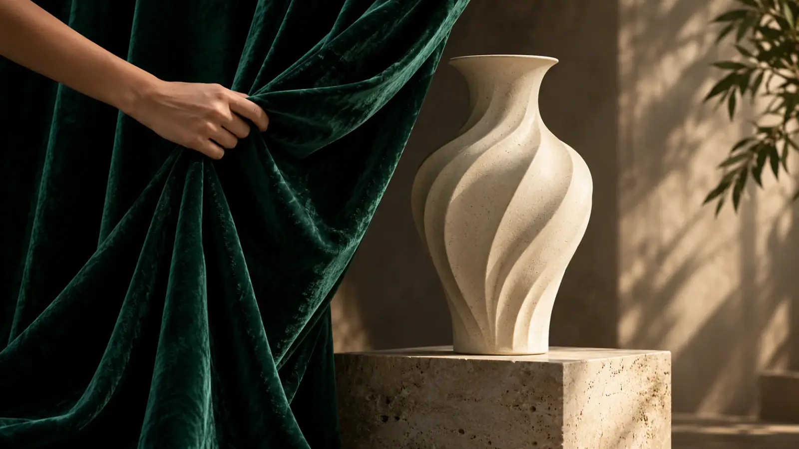 Illustrative scene: Hand drawing fabric aside to reveal a ceramic vase.