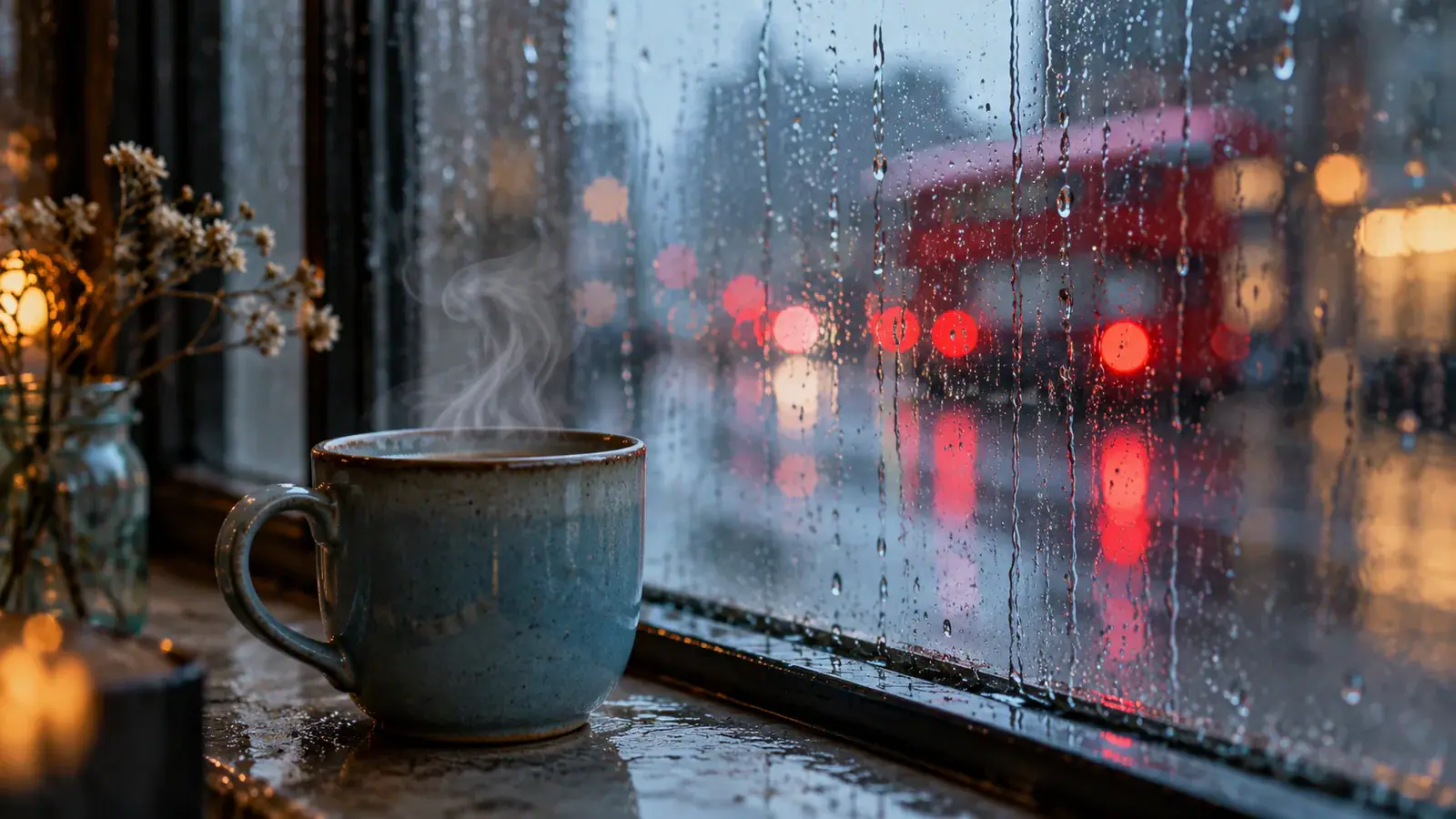 Illustrative scene: Steam rising from a blue ceramic cup beside a rain-streaked window with distant red lights.