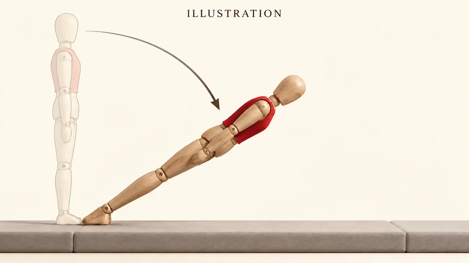 Illustration: side view motion study of a straight body rotating toward a padded floor