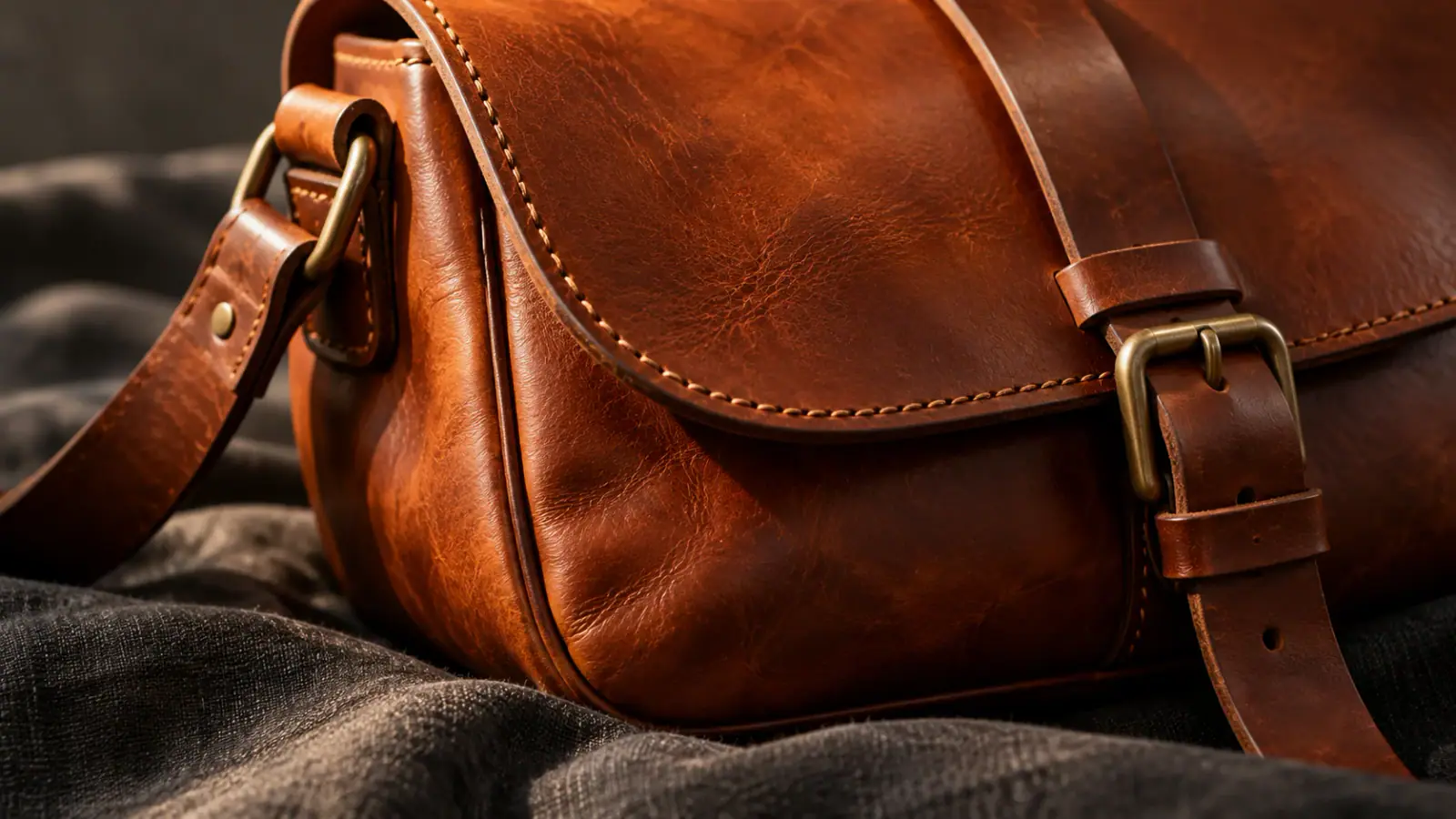 Illustrative scene: Close view of stitching and leather grain on a handmade satchel.