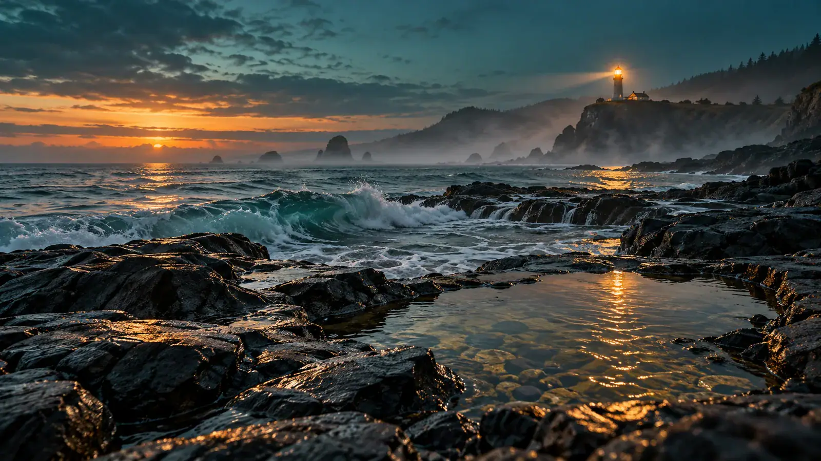 Concept illustration of waves near a coastal lighthouse at dusk, not model output