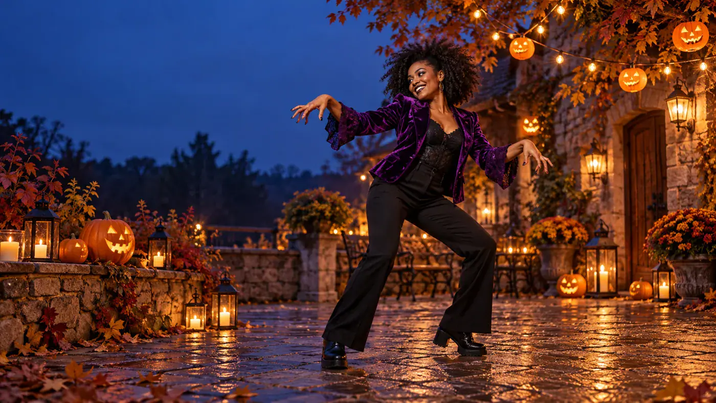 AI concept illustration of an adult woman dancing beside Halloween lanterns in a courtyard