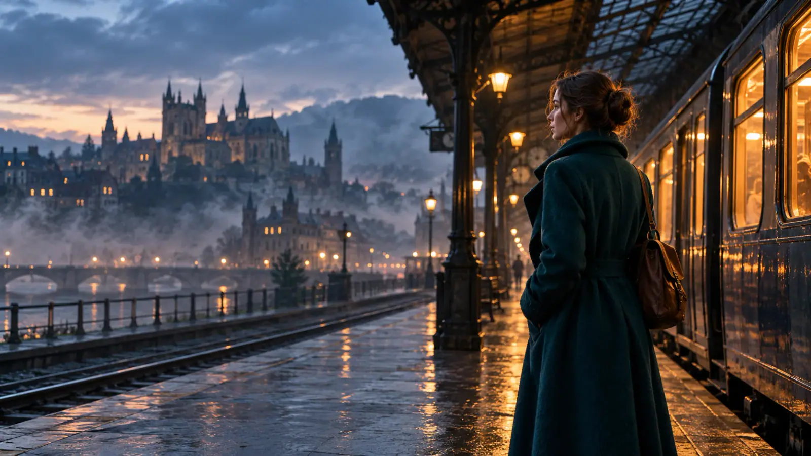 Illustrative scene: Traveler on a misty railway platform at blue hour.