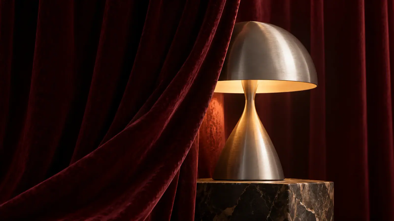Illustrative scene: Sculptural metal lamp emerging from a burgundy curtain.