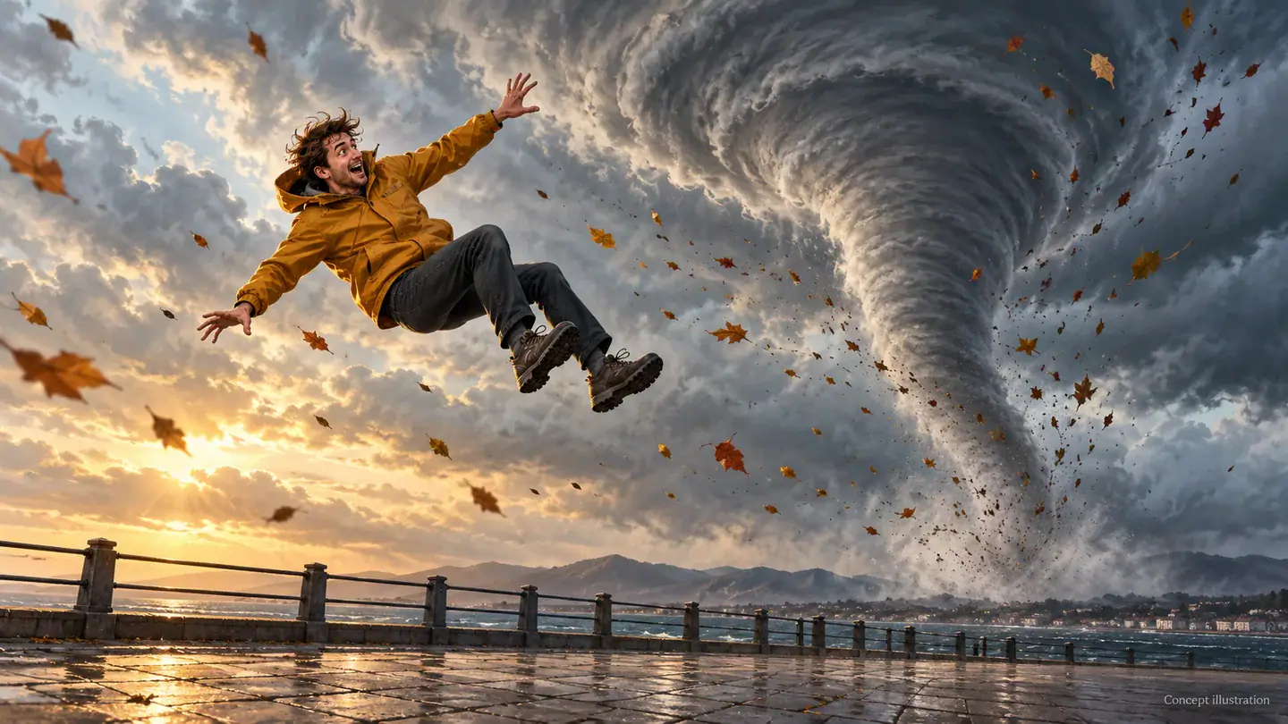 Concept illustration of a person lifted above a promenade beside a tornado
