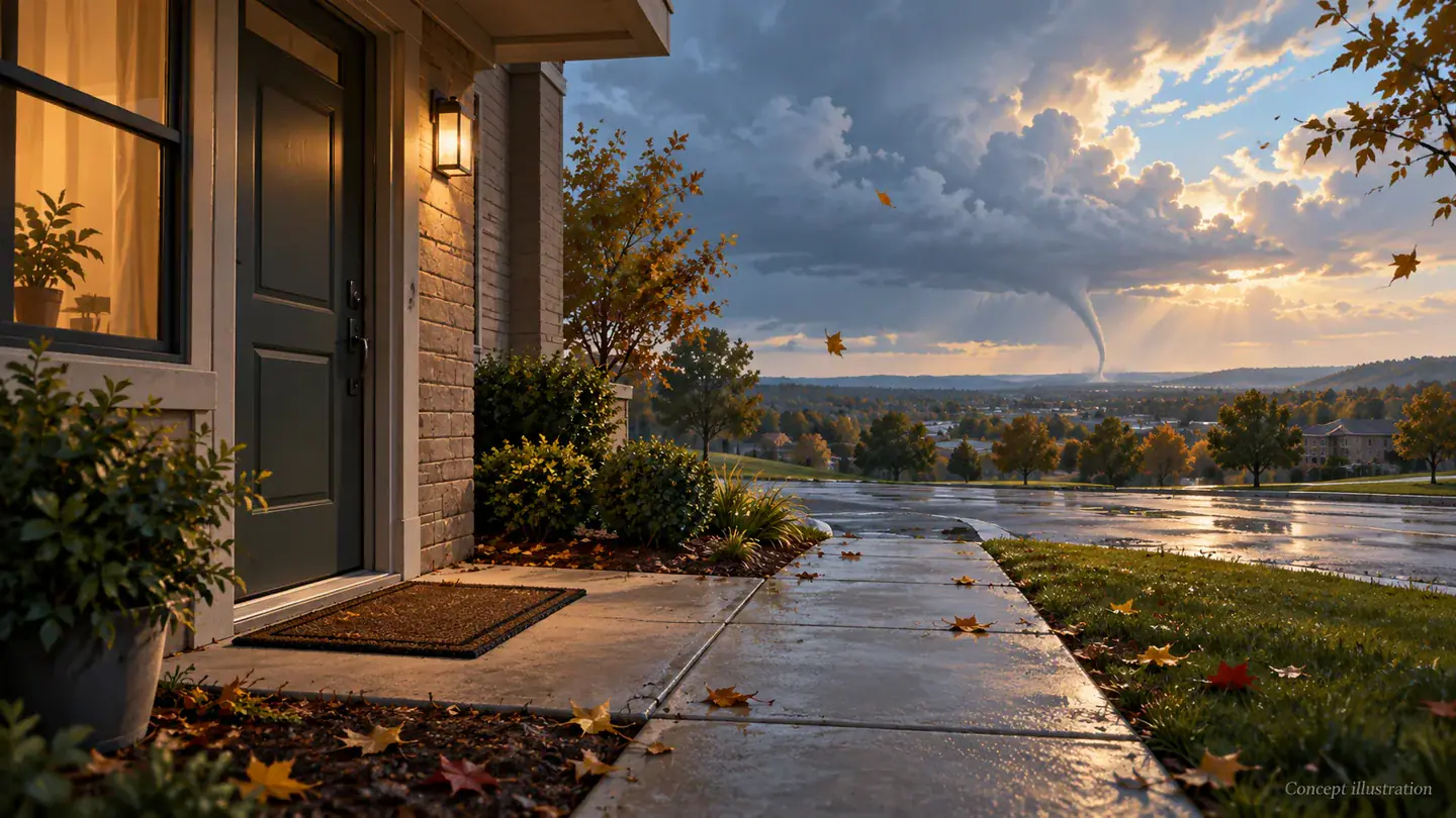 Concept illustration of an empty doorway scene with a receding tornado