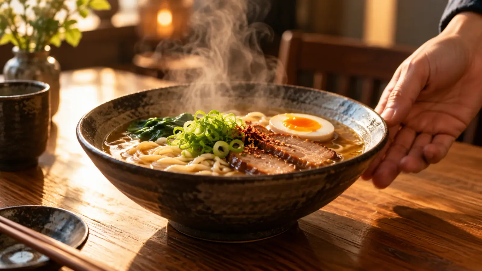 Illustrative scene: Steam rising from a bowl of noodle soup on an oak table.