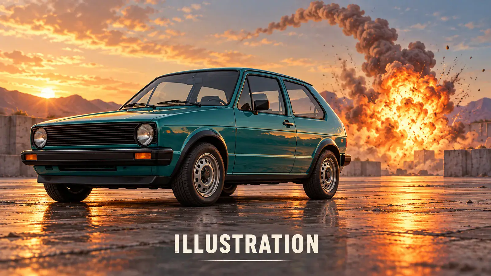 Illustration of a teal car with a clear outline beside a fictional explosion