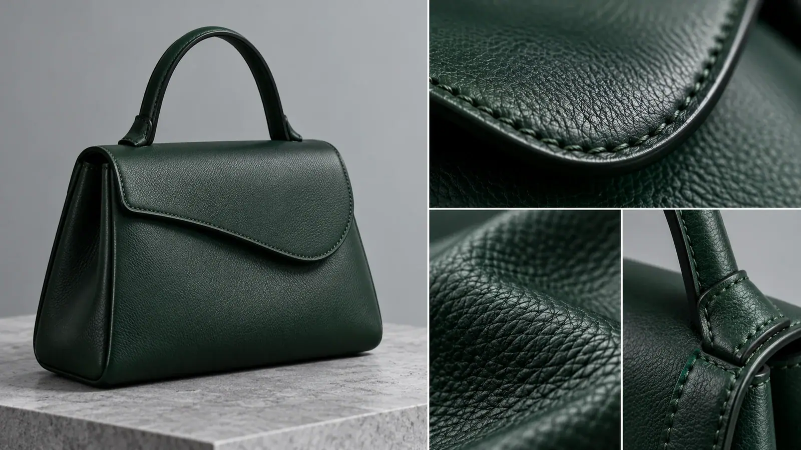 Illustrative scene: Macro photograph of stitching and textured leather on a dark green handmade bag.