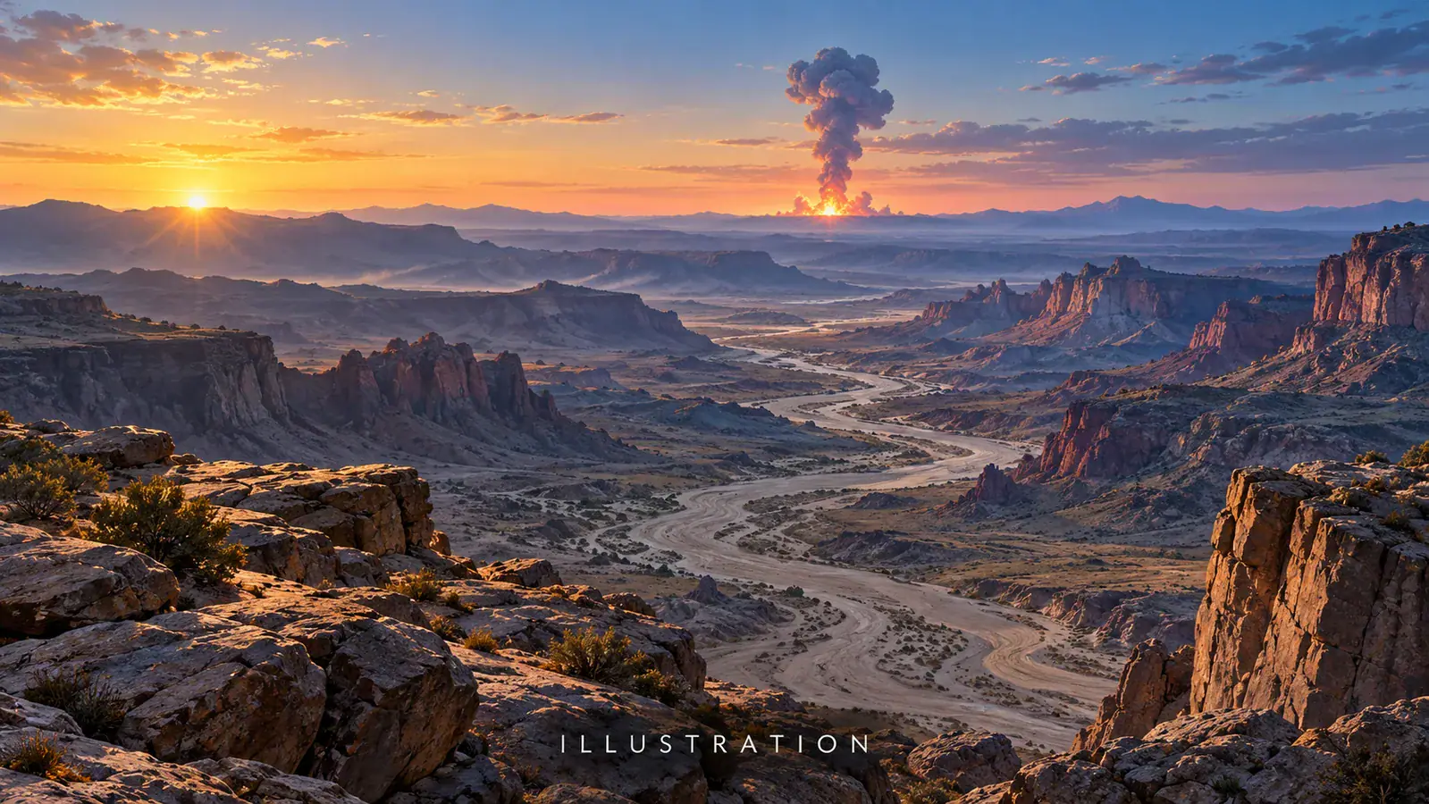Illustration of a distant fictional blast beyond a canyon and dry riverbed