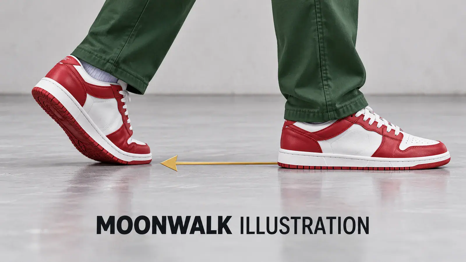 Moonwalk illustration showing a raised heel, a flat sliding shoe, and a backward arrow