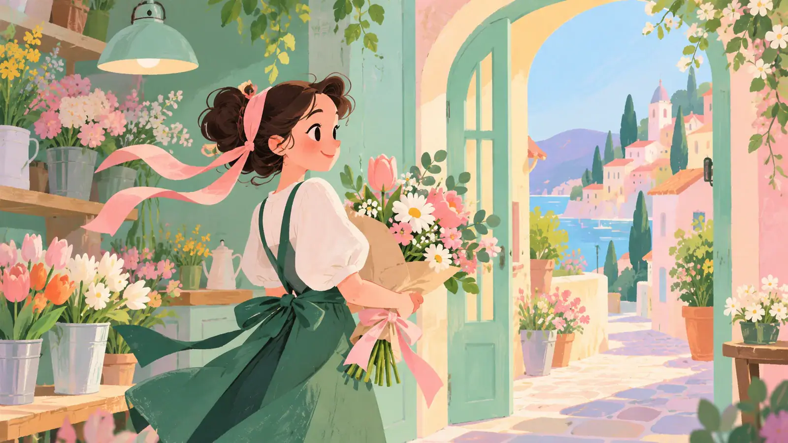 Illustrative scene: Pastel illustration of a florist turning toward a doorway while holding a ribbon-tied bouquet.