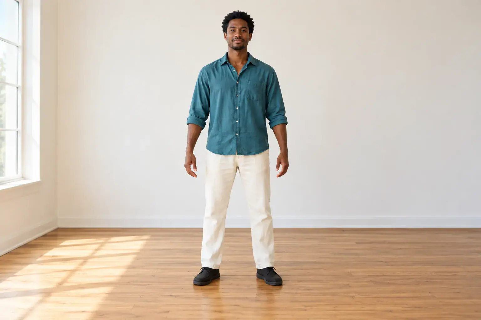 Standing person with hands and feet visible in a clear source composition