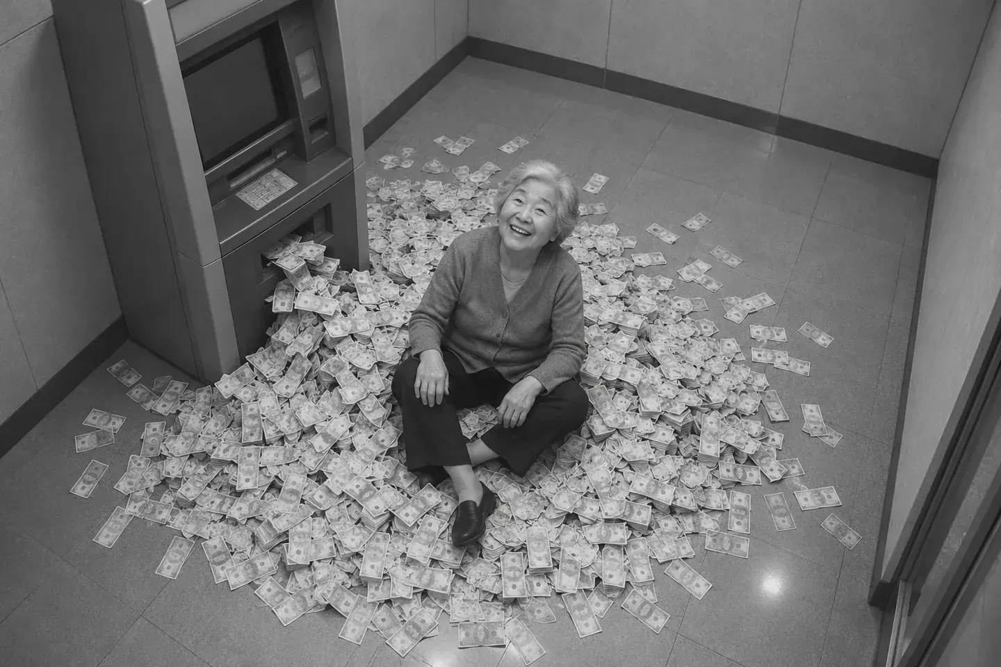 An older woman seated happily on a floor covered with fictional cash beside an ATM.