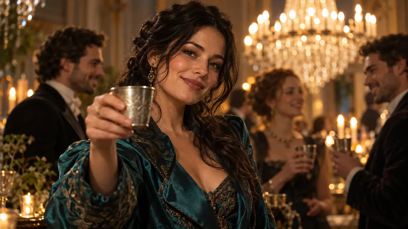 Original AI concept of a woman raising a silver cup toward the camera at a party