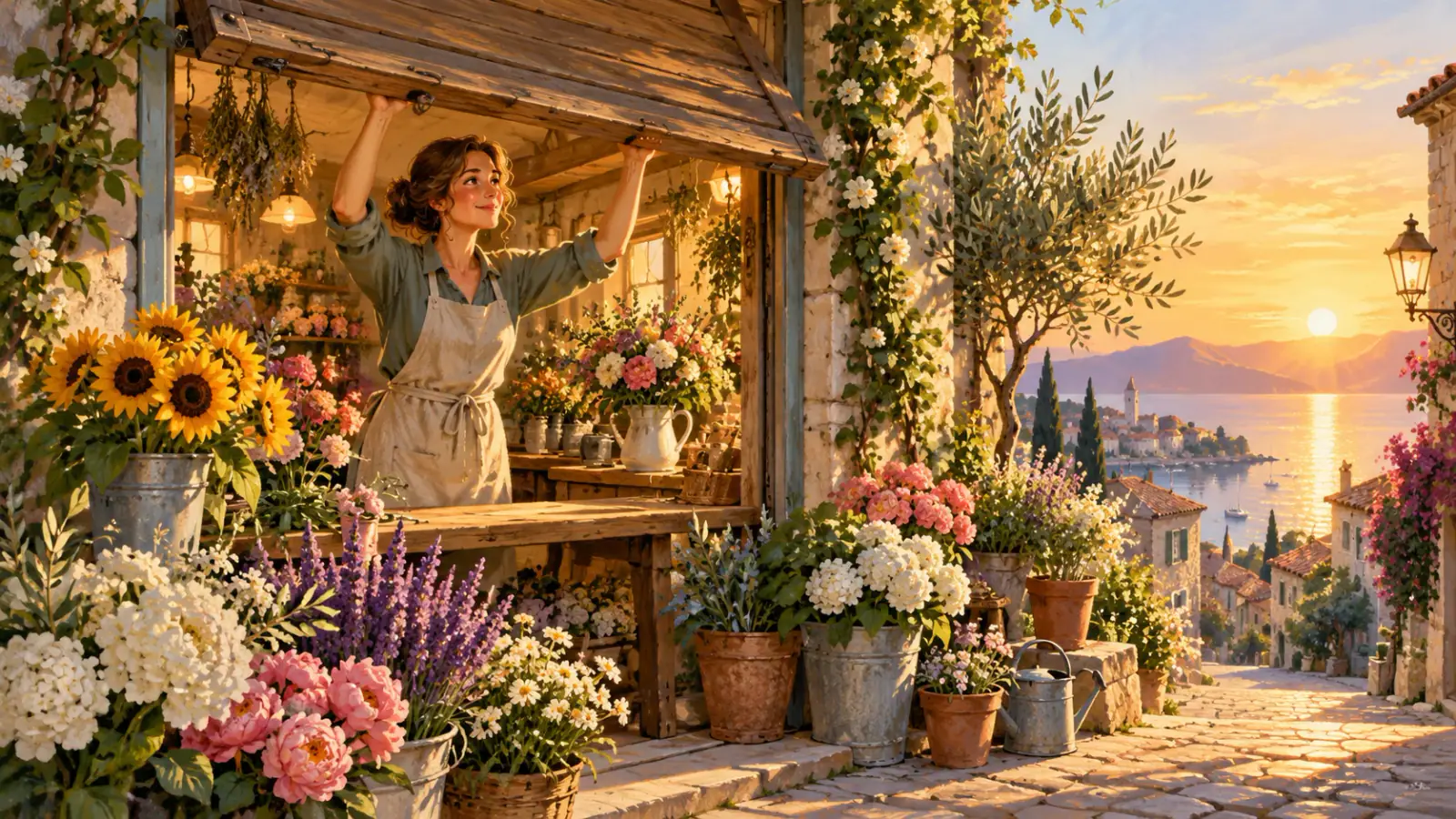 Illustrative scene: Illustrated shopkeeper opening a flower shop shutter.