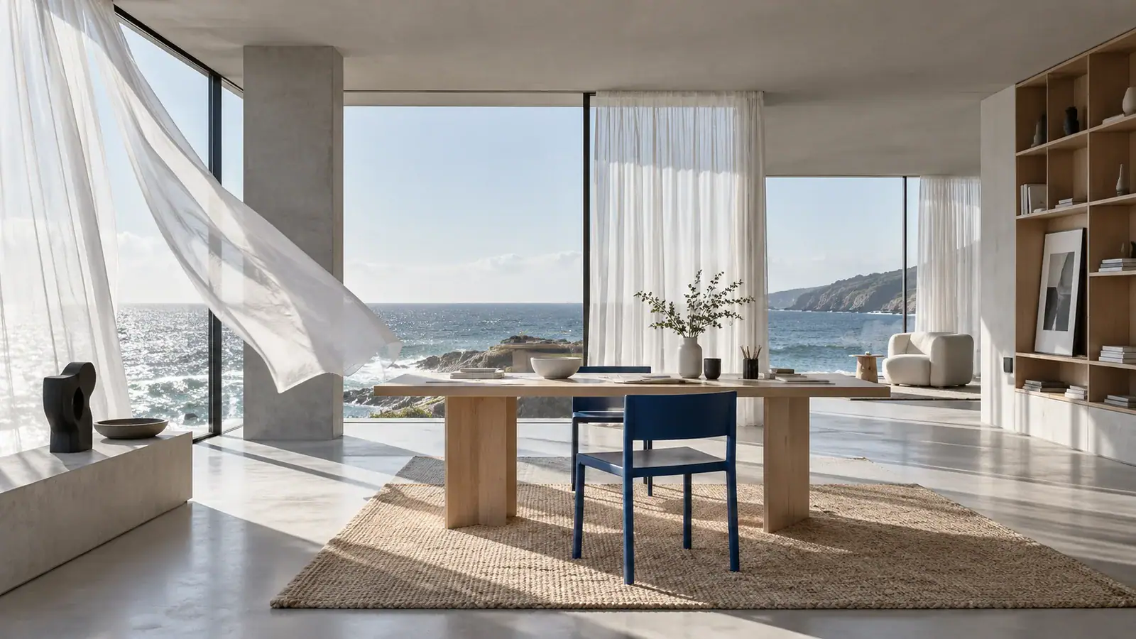 Illustrative scene: White curtain lifting in a coastal studio beside a birch desk and blue chair.