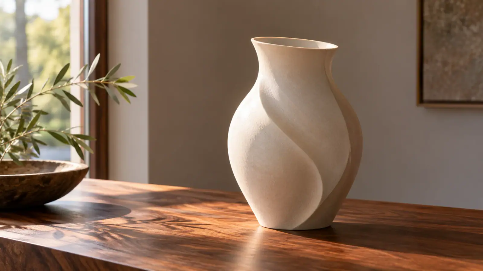 Illustrative scene: Soft window light catching the rim of a ceramic vase.