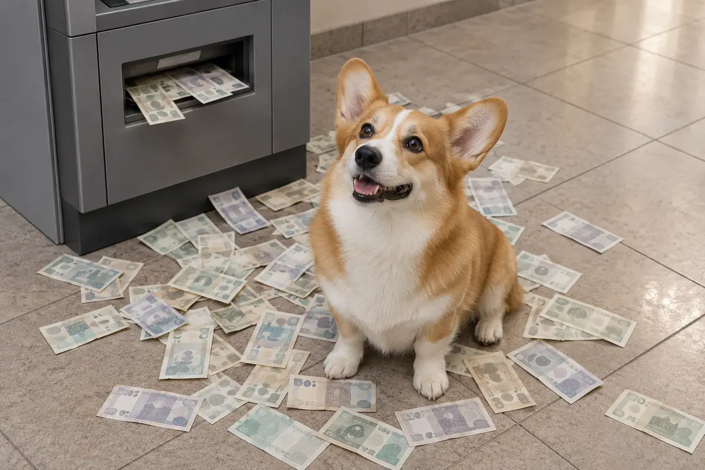 A recognizable corgi seated among fictional banknotes near a cash machine.